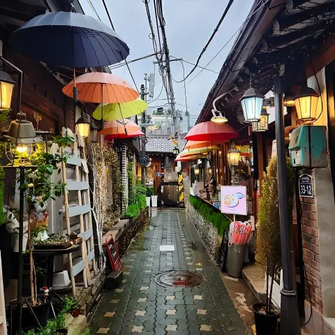 Iconic umbrella alley at dusk in ikseondong hanok village