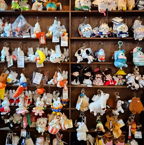 Wall of plush keychains and character dolls