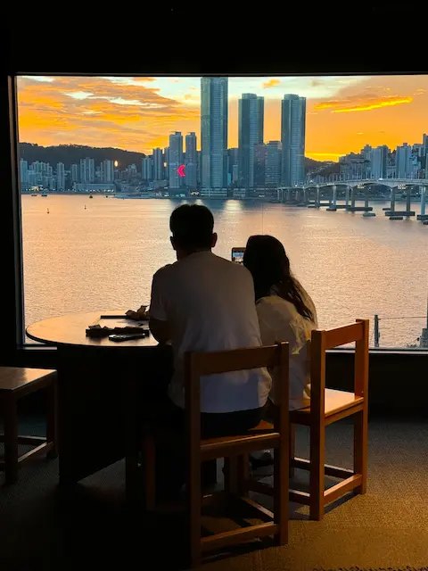  Romantic sunset view of Gwangan Bridge and Marine City from a café in Busan
