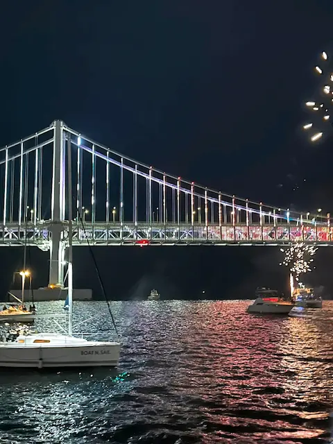 Night view of Gwangan Bridge with fireworks and reflections on Gwangalli Beach