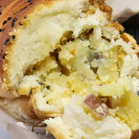 Close-up of sweet potato bread filling with soft mashed texture