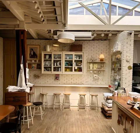 Cafe corner with skylight ceiling and wooden stools