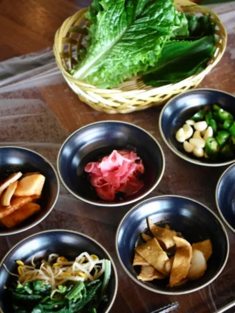 Banchan and fresh greens at Haerim-ine