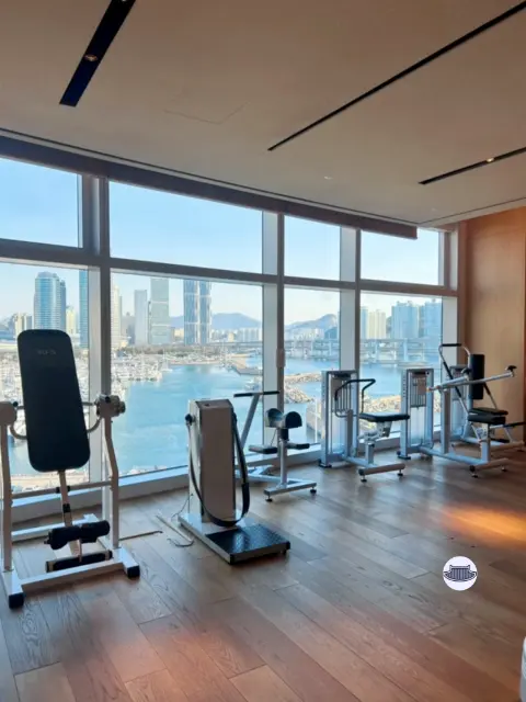Park Hyatt Busan gym with marina view and modern equipment