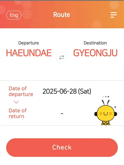 From Busan to Gyeongju Bustago route selection screen