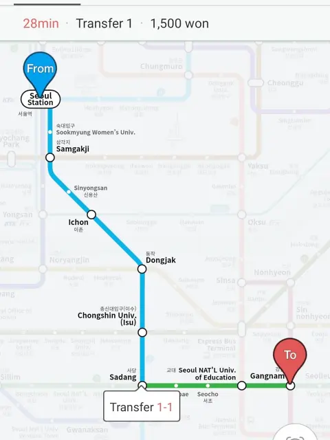Sample subway route from Seoul Station to Gangnam with one transfer
