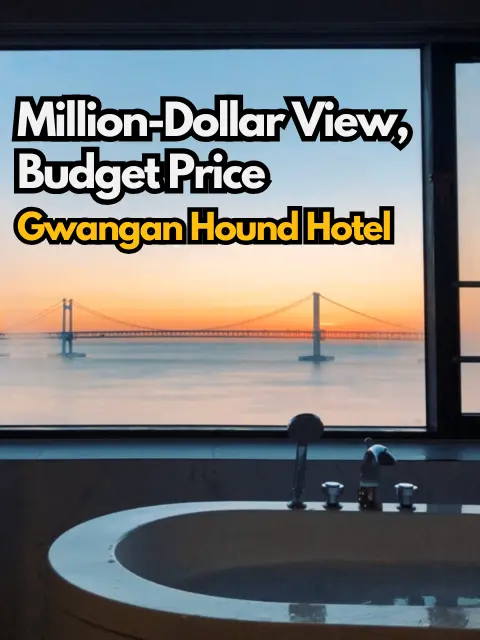 Sunset bathtub view with million-dollar view text at gwangan hound hotel