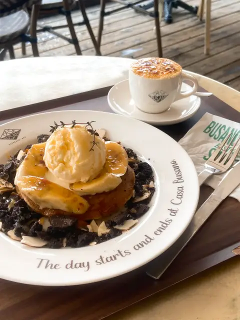 The signature Busano Banana Brûlée Pancake and coffee set at Casa Busano Gwangan is a must-try for brunch lovers.
