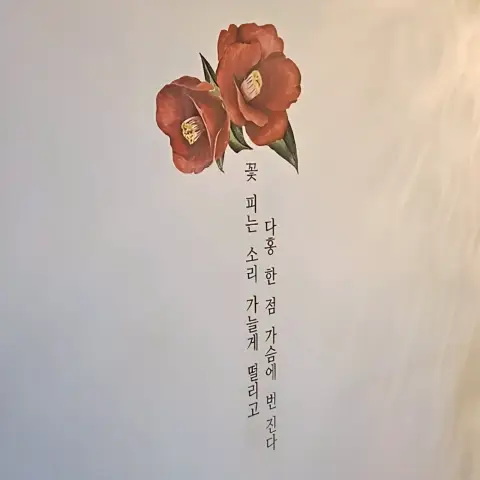 Korean calligraphy and camellia flower art on the wall