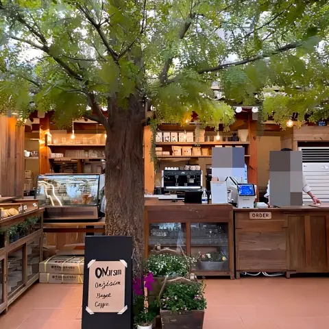 onjisim main counter with central tree and order sign