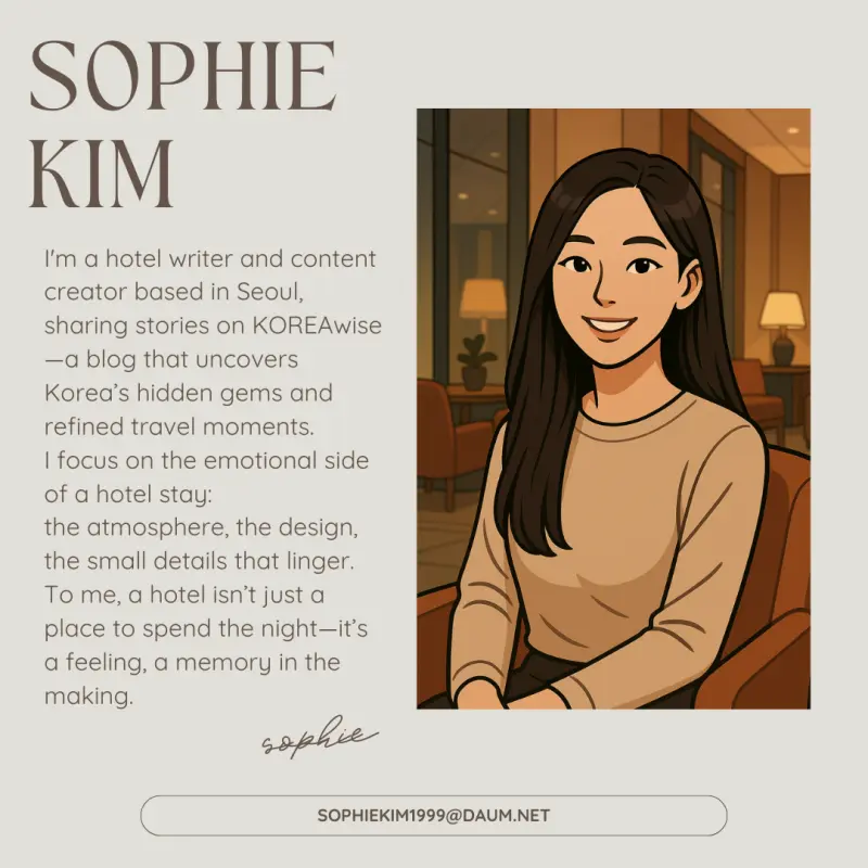 Portrait of Sophie Kim, a Seoul-based hotel writer for KOREAwise, with an illustrated profile and introduction