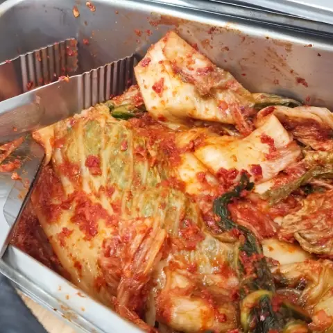 House-made kimchi at Imun Seollongtang’s self-serve station