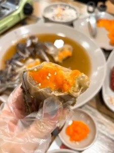 hongik gejang soy-marinated crab with vibrant roe served fresh in Hongdae