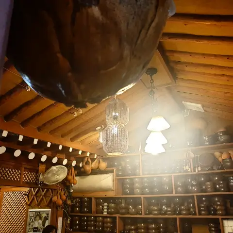 Traditional hanok ceiling and hangari jars at Insadong Sujebi