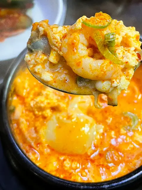 Jaedong Sundubu seafood tofu stew with shrimp and mussels